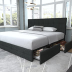 Allewie Upholstered Queen Size Platform Bed Frame with 4 Storage Drawers and Headboard, Square Stitched Button Tufted, Mattress Foundation with Wooden Slats Support, No Box Spring Needed, Light Grey