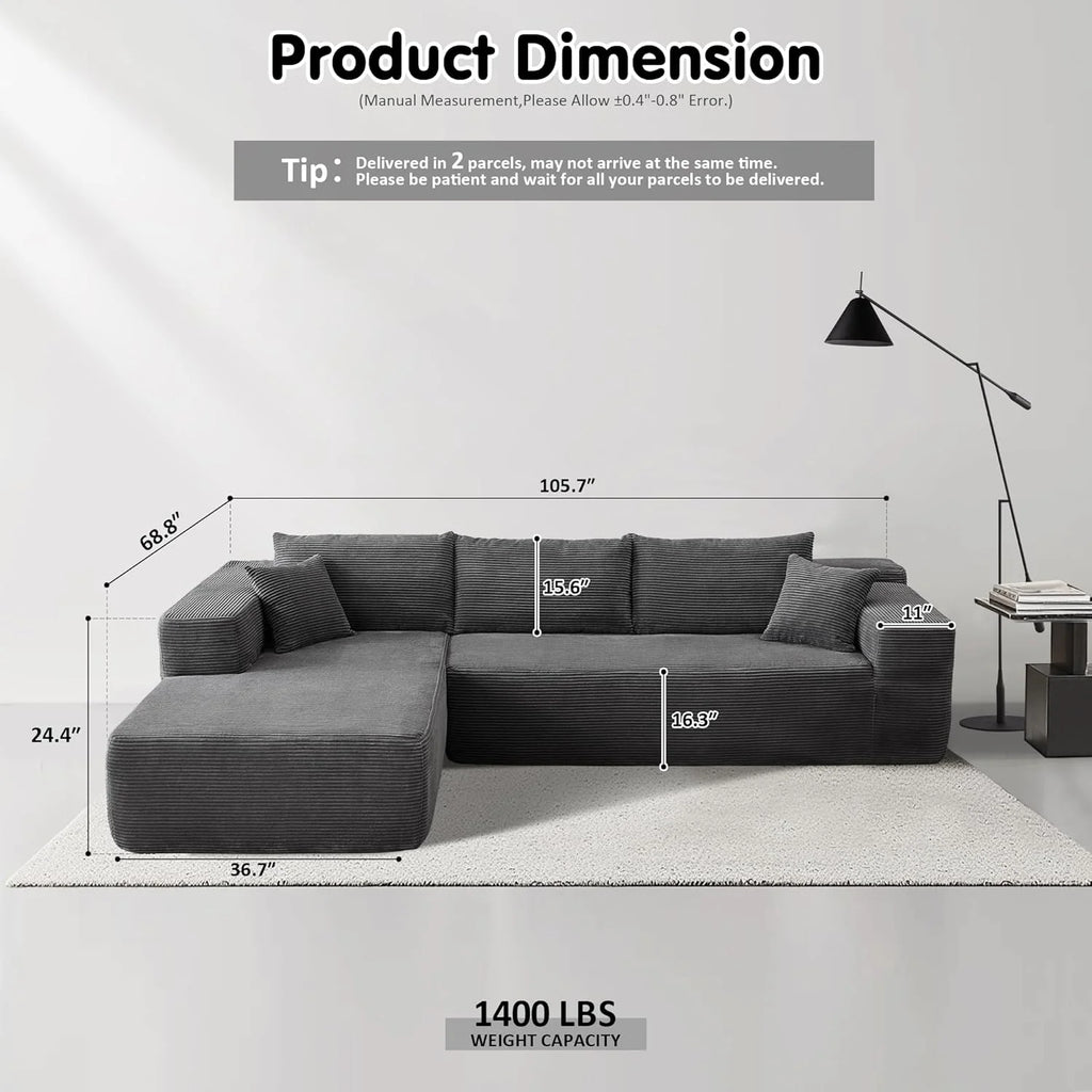 ovios 104" Cloud Sectional Couch with L-Shape Chaise,Modern Modular Sofa with Deep Seat, Upholstered Couches for Living Room Bedroom,No Assembly Required, Grey (Plush Corduroy Fabric)