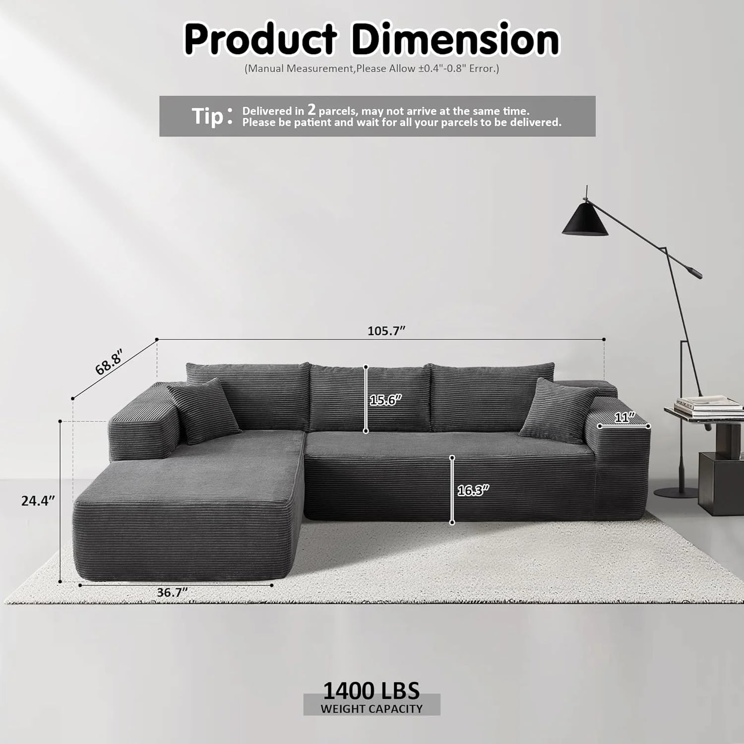 ovios 104" Cloud Sectional Couch with L-Shape Chaise,Modern Modular Sofa with Deep Seat, Upholstered Couches for Living Room Bedroom,No Assembly Required, Grey (Plush Corduroy Fabric)