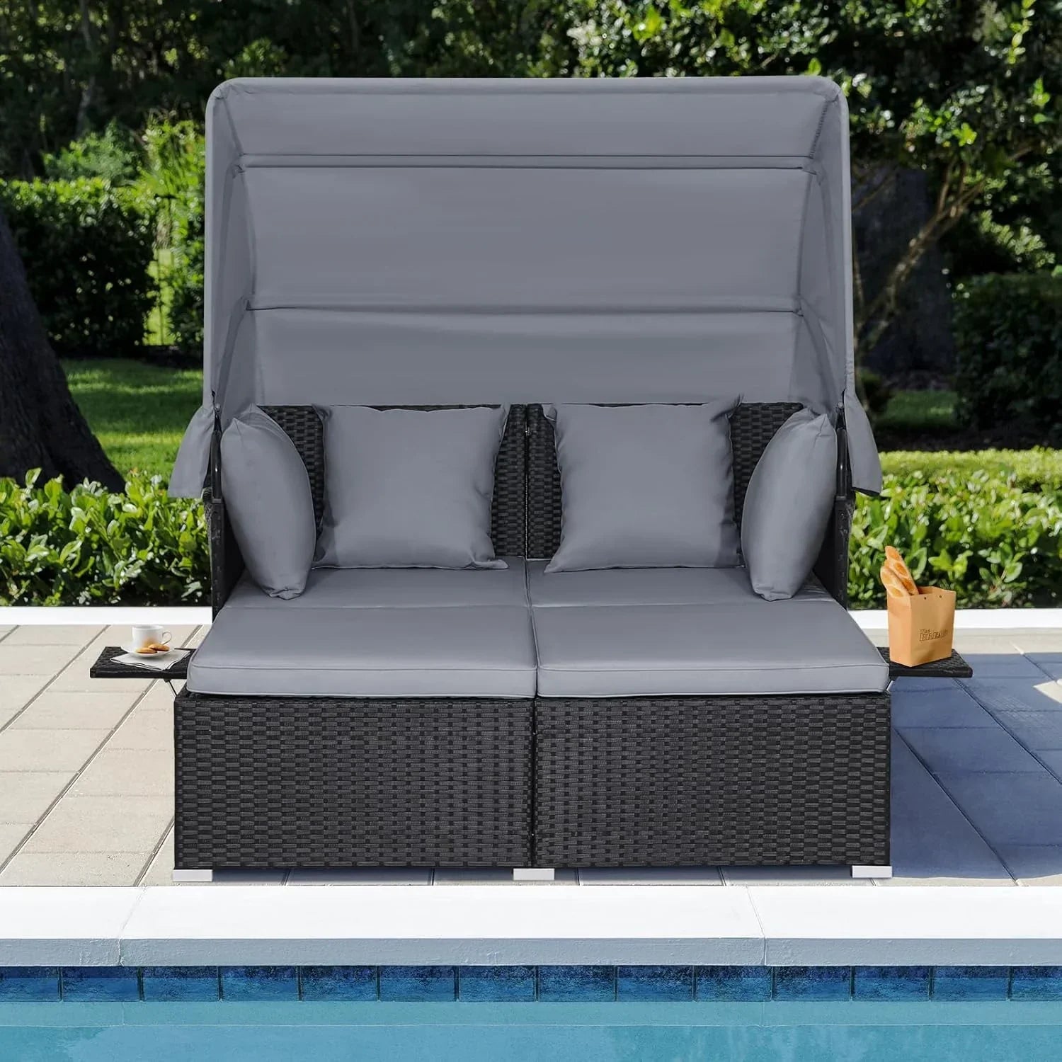 RELAX4LIFE Patio Outdoor Daybed with Canopy Wicker Sunbed Cushions 4 Pillows