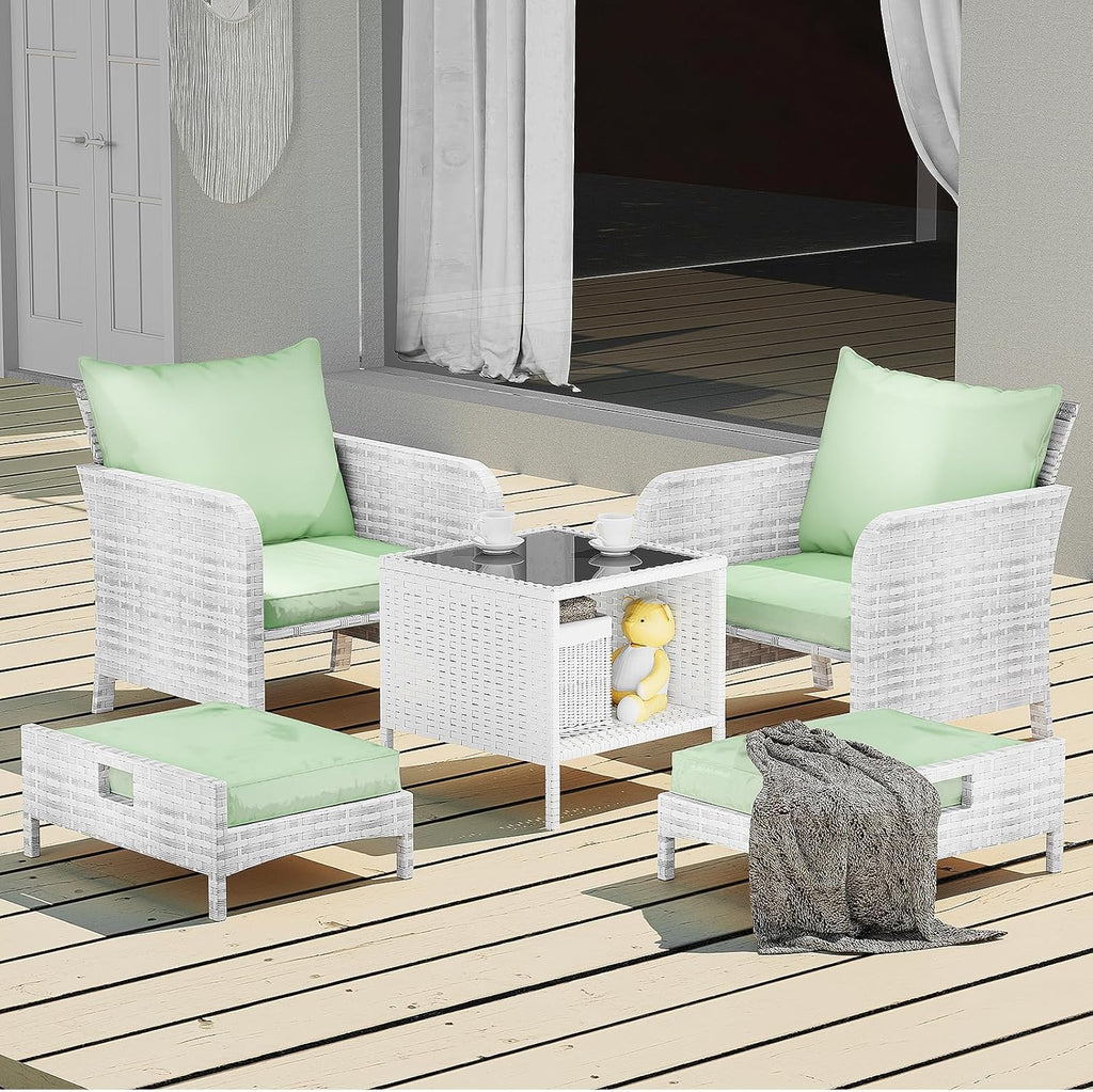 LEVELEVE Balcony Furniture 5 Piece Patio Conversation Set, PE Wicker Rattan Outdoor Lounge Chairs with Soft Cushions 2 Ottoman&Glass Table for Porch, Lawn-Brown Wicker