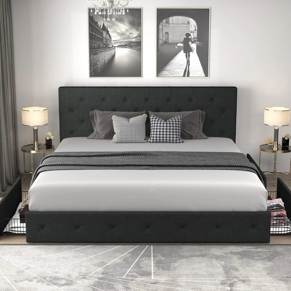 Allewie Upholstered Queen Size Platform Bed Frame with 4 Storage Drawers and Headboard, Square Stitched Button Tufted, Mattress Foundation with Wooden Slats Support, No Box Spring Needed, Light Grey