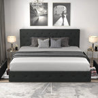 Allewie Upholstered Queen Size Platform Bed Frame with 4 Storage Drawers and Headboard, Square Stitched Button Tufted, Mattress Foundation with Wooden Slats Support, No Box Spring Needed, Light Grey