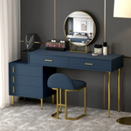Modern Blue Makeup Vanity Set Retracted Dressing Table Cabinet&amp;Stool&amp;Mirror Included
