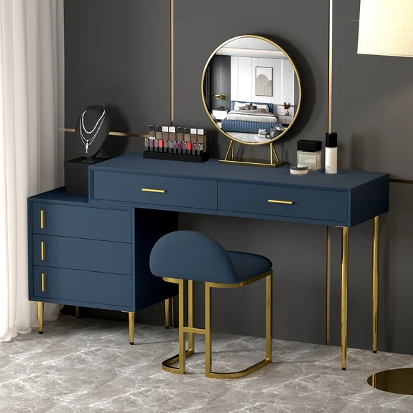 Modern Blue Makeup Vanity Set Retracted Dressing Table Cabinet&amp;Stool&amp;Mirror Included