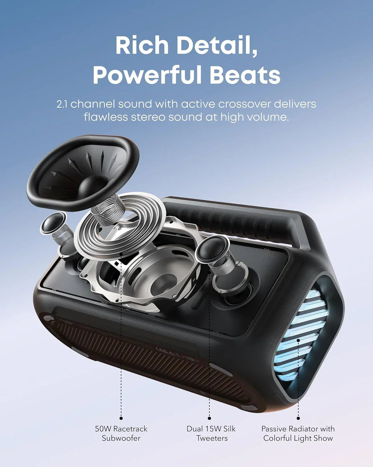 Outdoor Speaker 80W Subwoofer BassUp 2.0 24H Playtime IPX7 Waterproof Floatable RGB Lights