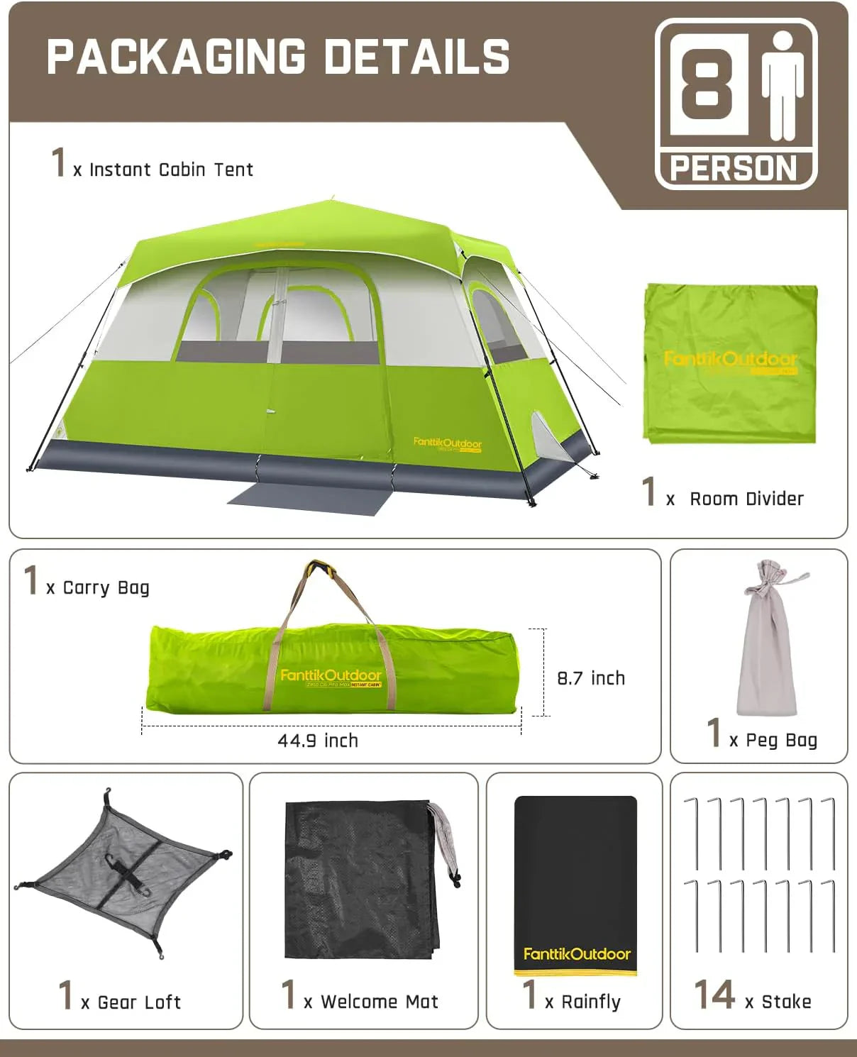 Portable camping tent for 4/6/8/10 people with instant cabin and rainproof and windproof