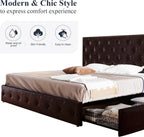 Allewie Upholstered Queen Size Platform Bed Frame with 4 Storage Drawers and Headboard, Square Stitched Button Tufted, Mattress Foundation with Wooden Slats Support, No Box Spring Needed, Light Grey