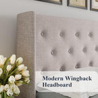 Allewie Queen Size Lift Up Storage Bed, Modern Wingback Headboard, Hydraulic Support, No Box Spring Needed, Light Beige