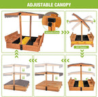 Kids Wooden Outdoor Sandbox w/Canopy, 2 Foldable Bench Seats, Retractable Roof Sand Protection Liner 47x47-Inch