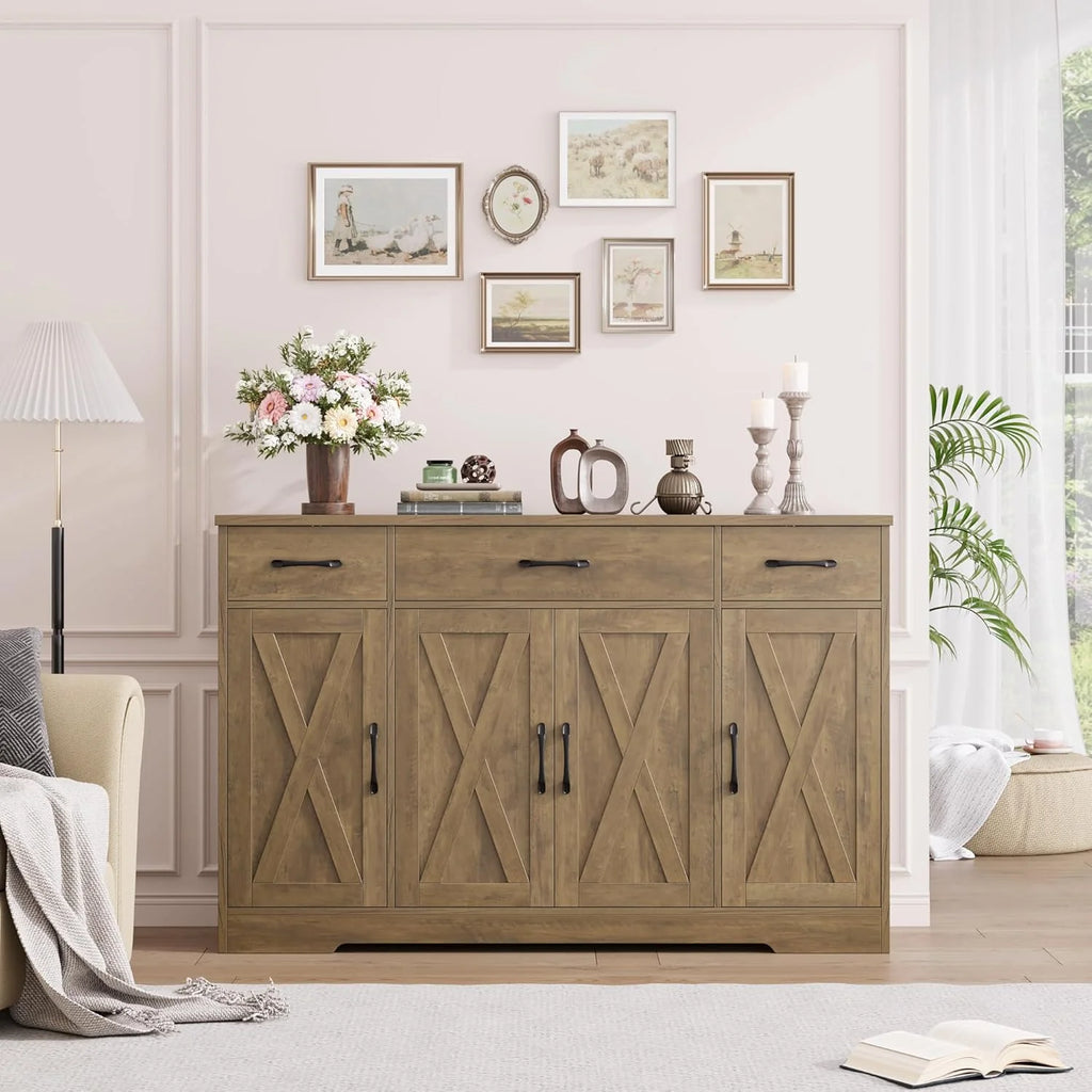HOSTACK Buffet Cabinet with Drawers, 55" Large Sideboard Buffet Storage Cabinet with Shelves and Doors, Modern Farmhouse Coffee Bar Station Wood Kitchen Table for Kitchen, Dining Room, White/Rustic