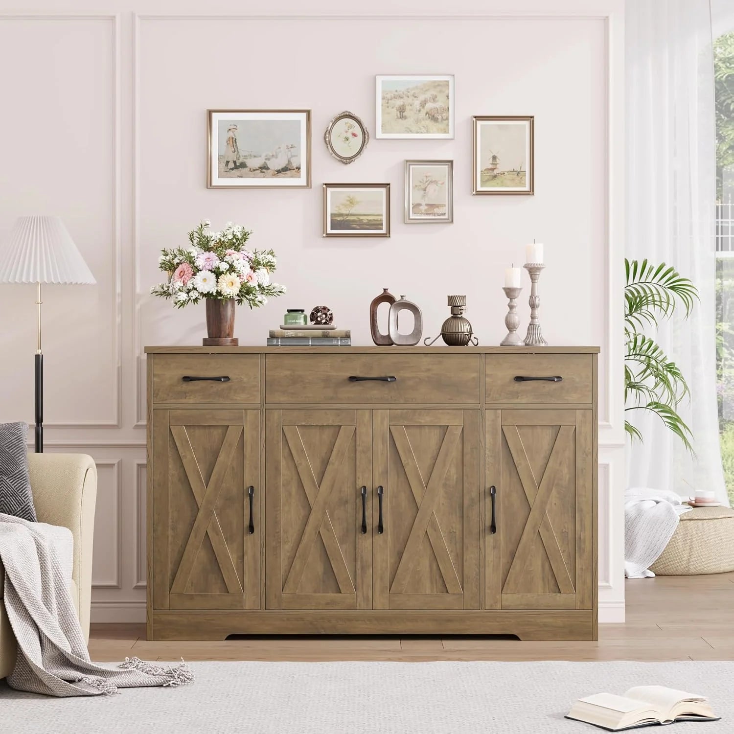 HOSTACK Buffet Cabinet with Drawers, 55" Large Sideboard Buffet Storage Cabinet with Shelves and Doors, Modern Farmhouse Coffee Bar Station Wood Kitchen Table for Kitchen, Dining Room, White/Rustic