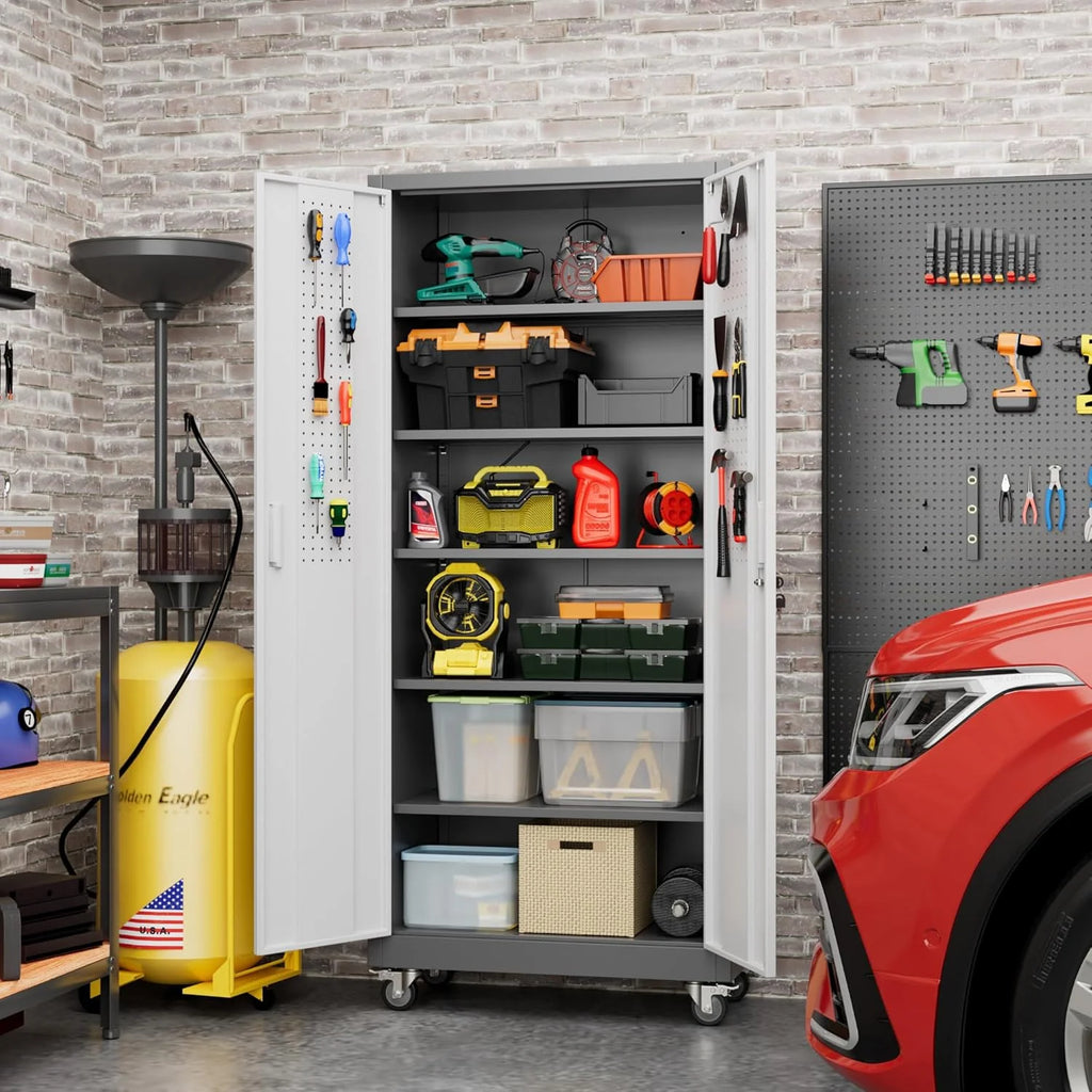 Aobabo 73''H Metal Garage Storage Cabinet with Wheels,Steel Cabinets with 2 Doors and 4 Adjustable Shelves for Home Office,Required Assembly,Black
