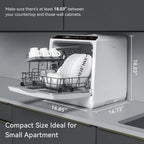 Hermitlux Countertop Dishwasher, 7 Washing Programs Portable Mini Dishwasher with 5-Liter Built-in Water Tank for Apartments & RVs, LED Light, Glass Door, No Hookup Needed