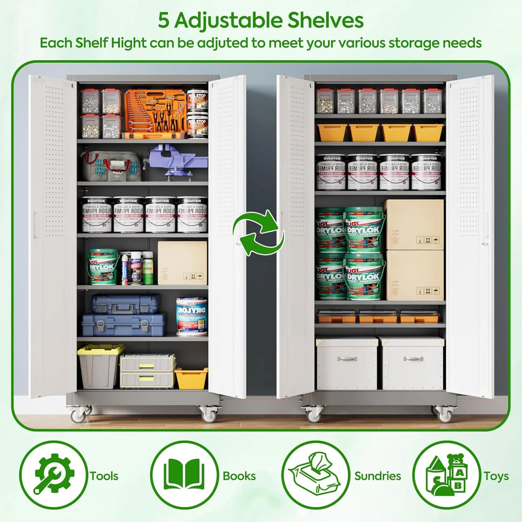 Aobabo 73''H Metal Garage Storage Cabinet with Wheels,Steel Cabinets with 2 Doors and 4 Adjustable Shelves for Home Office,Required Assembly,Black