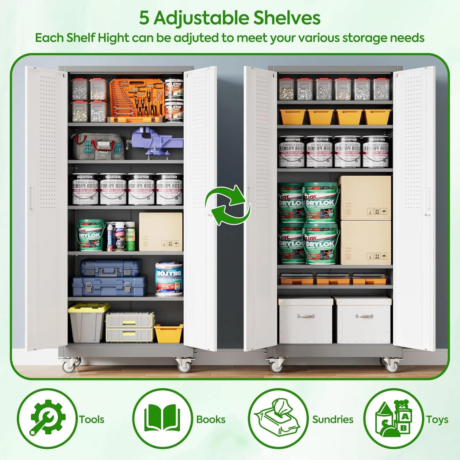 Aobabo 73''H Metal Garage Storage Cabinet with Wheels,Steel Cabinets with 2 Doors and 4 Adjustable Shelves for Home Office,Required Assembly,Black