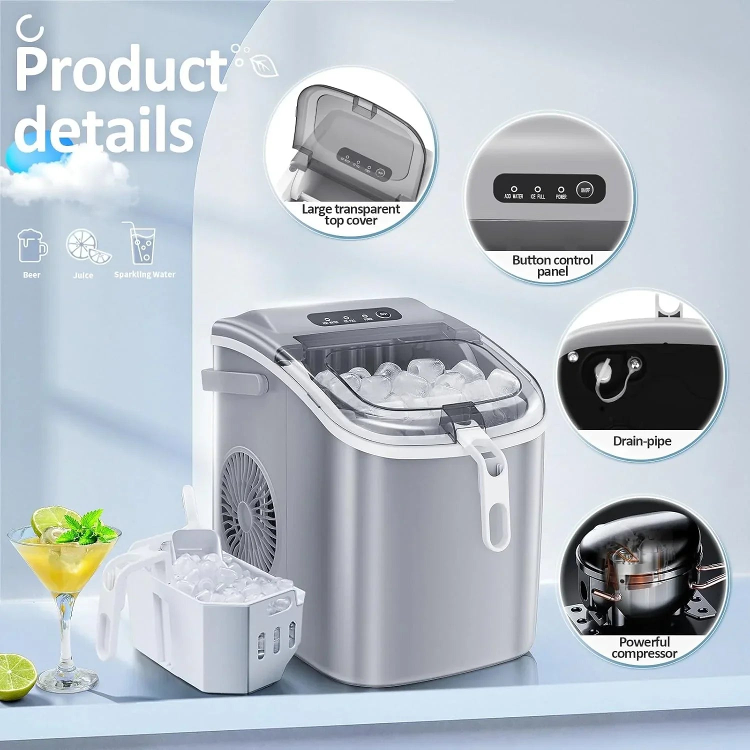 Nugget Ice Makers Countertop Pebble Ice Machine with Chewable Pellet Ice Self-Cleaning