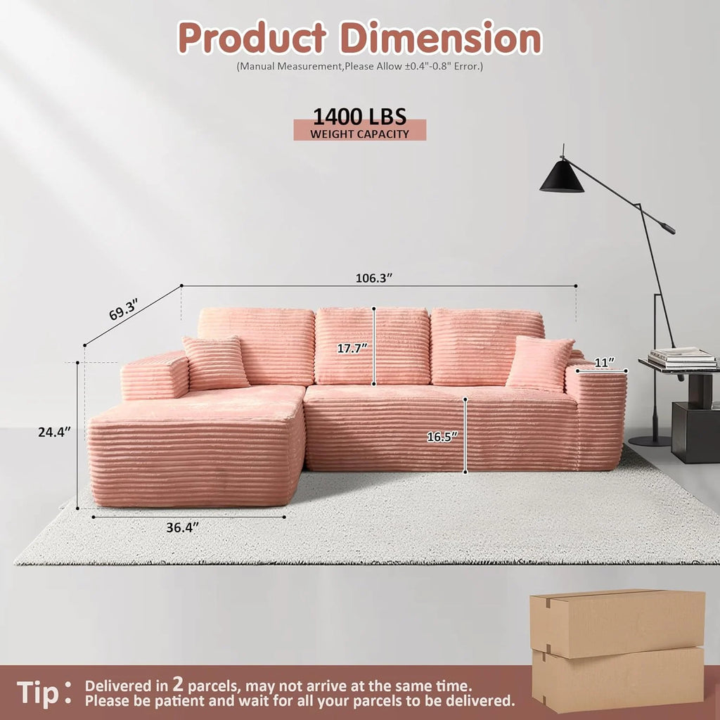 ovios 104" Cloud Sectional Couch with L-Shape Chaise,Modern Modular Sofa with Deep Seat, Upholstered Couches for Living Room Bedroom,No Assembly Required, Grey (Plush Corduroy Fabric)
