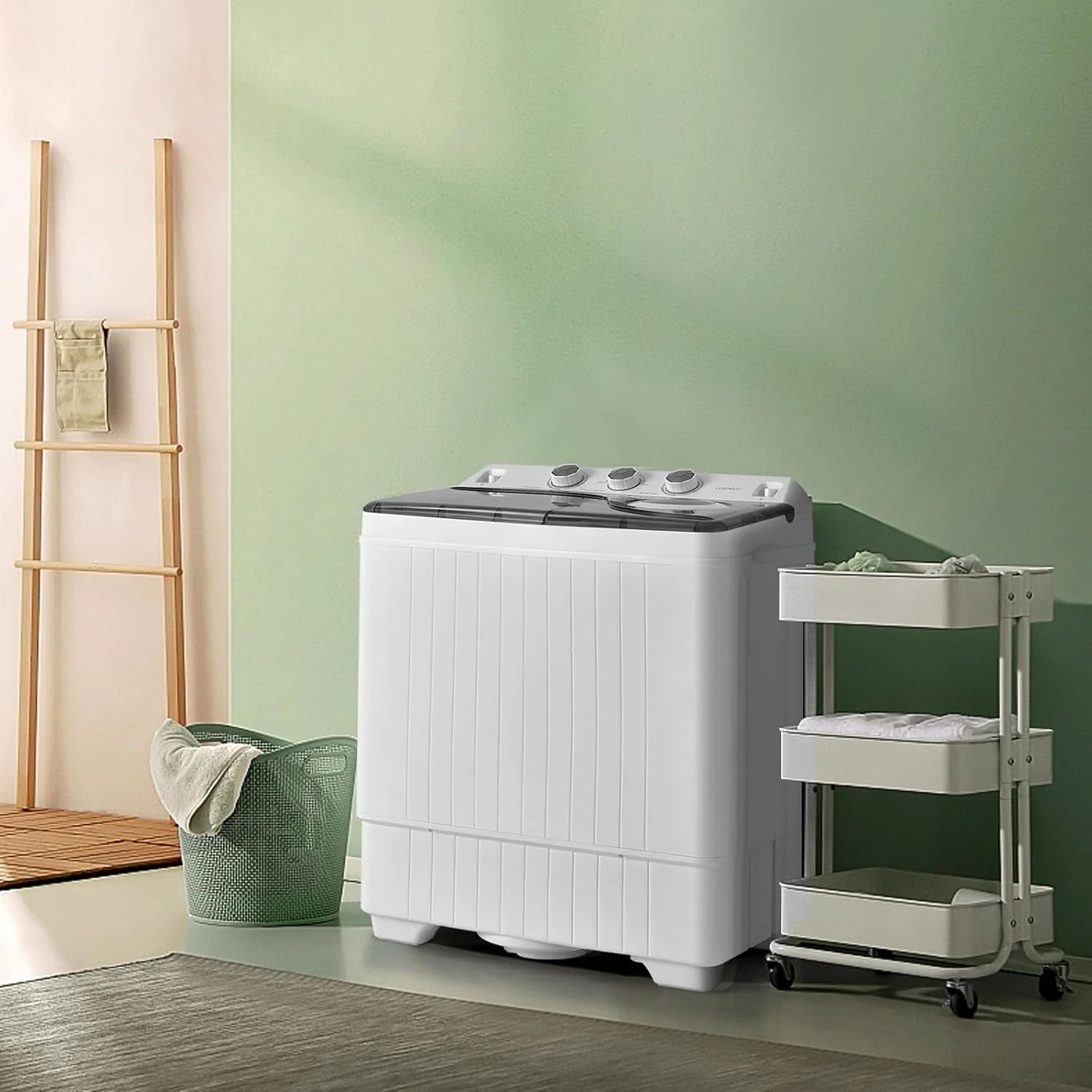 COSTWAY Double Tub 26 lb Capacity Laundry 18 lb 8 lb Spin Combo with Timer Knob Built-in Drain Pump Small Portable Washing Machine
