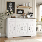 HOSTACK Buffet Cabinet with Drawers, 55" Large Sideboard Buffet Storage Cabinet with Shelves and Doors, Modern Farmhouse Coffee Bar Station Wood Kitchen Table for Kitchen, Dining Room, White/Rustic