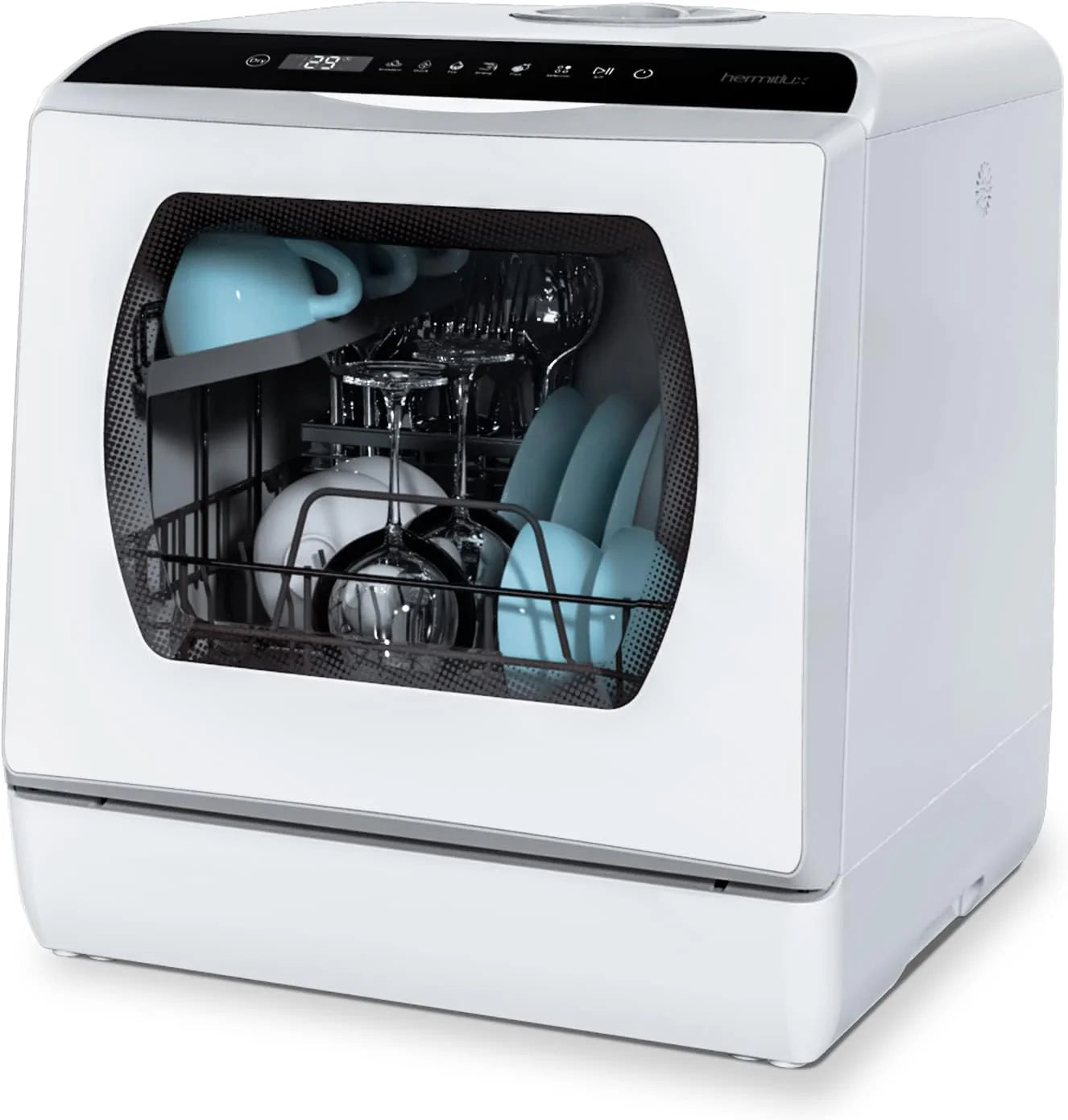 Hermitlux Countertop Dishwasher, 7 Washing Programs Portable Mini Dishwasher with 5-Liter Built-in Water Tank for Apartments & RVs, LED Light, Glass Door, No Hookup Needed