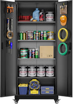Aobabo 73''H Metal Garage Storage Cabinet with Wheels,Steel Cabinets with 2 Doors and 4 Adjustable Shelves for Home Office,Required Assembly,Black