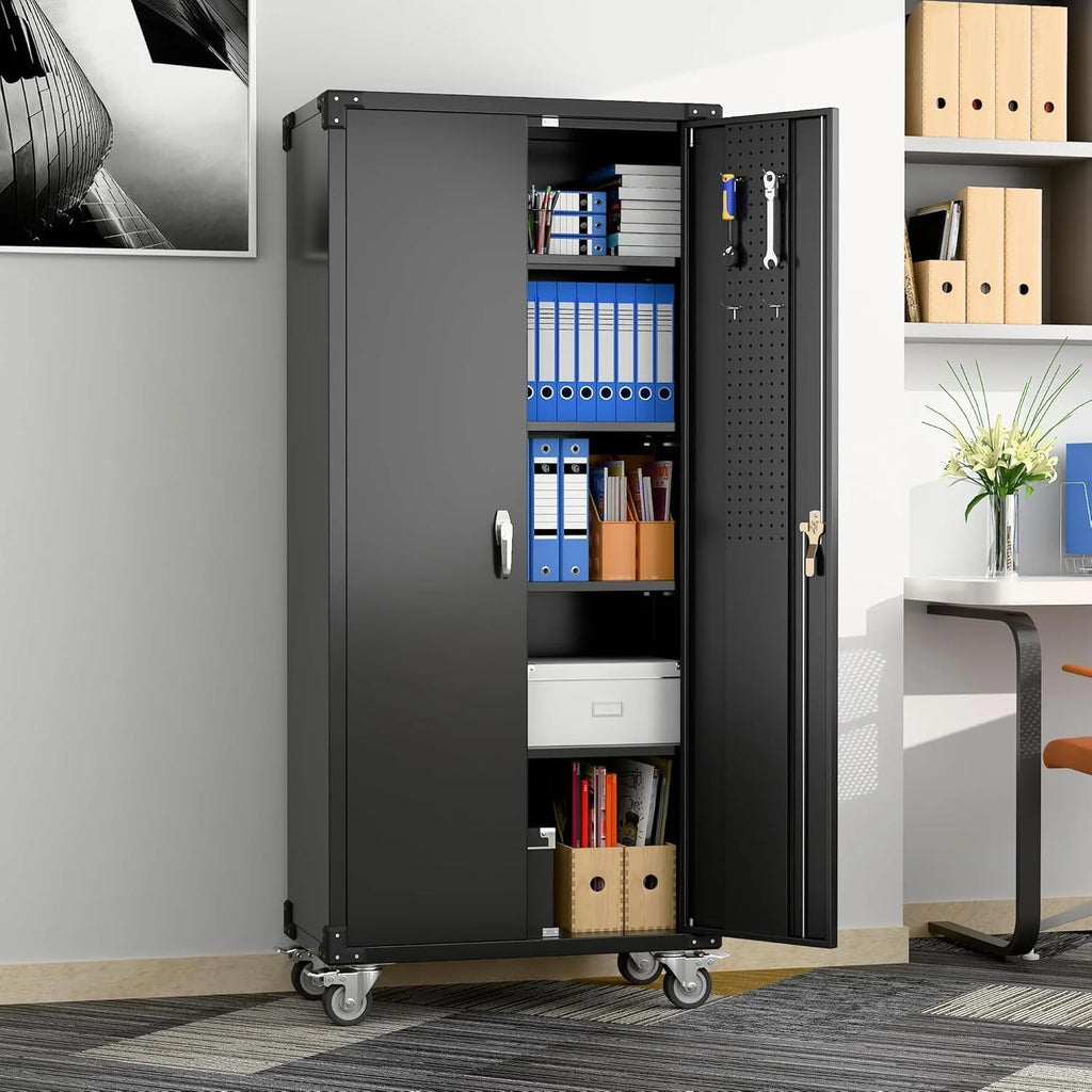Aobabo 73''H Metal Garage Storage Cabinet with Wheels,Steel Cabinets with 2 Doors and 4 Adjustable Shelves for Home Office,Required Assembly,Black