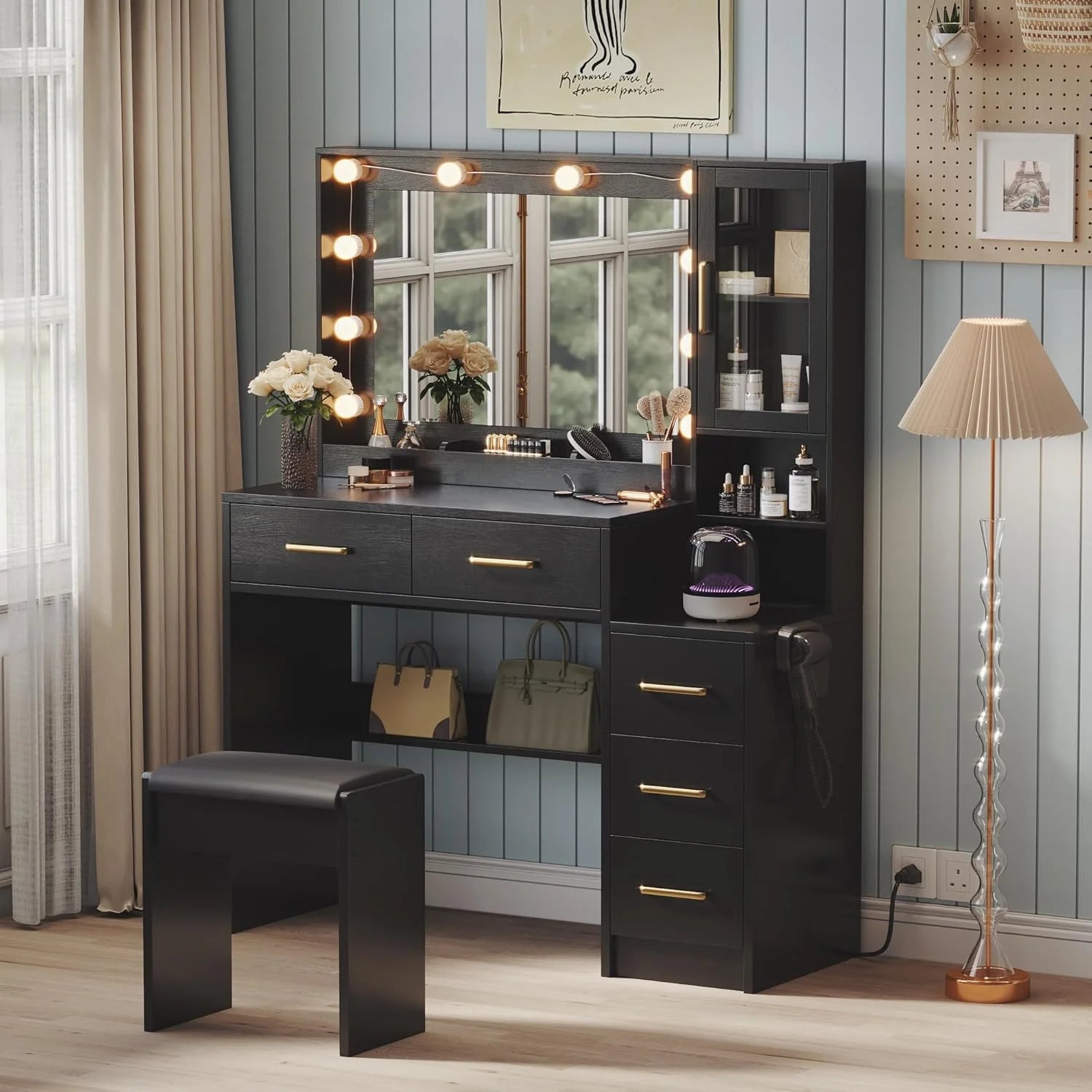 Black Vanity Desk with Mirror, Lights & Charging Station, 58.3" 3 Lighting Modes