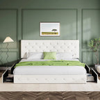 Allewie Upholstered Queen Size Platform Bed Frame with 4 Storage Drawers and Headboard, Square Stitched Button Tufted, Mattress Foundation with Wooden Slats Support, No Box Spring Needed, Light Grey