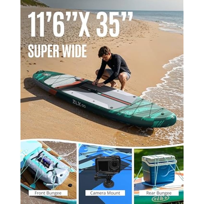ZLX 11'6" Extra Wide Inflatable Stand Up Paddle Board SUP, Stable Non-Slip Deck Pad, Unique Fin System and Premium iSUP Accessories - Portable Backpack & Upgraded Pump for Adults, All Skill Levels