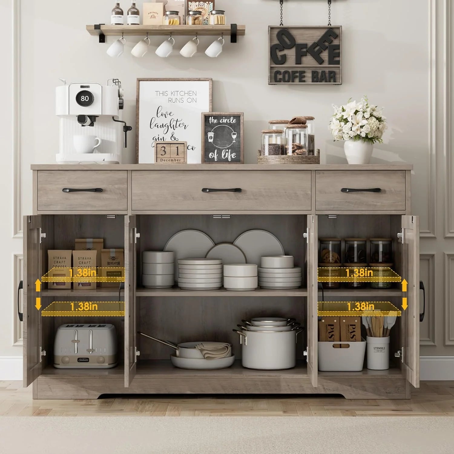 HOSTACK Buffet Cabinet with Drawers, 55" Large Sideboard Buffet Storage Cabinet with Shelves and Doors, Modern Farmhouse Coffee Bar Station Wood Kitchen Table for Kitchen, Dining Room, White/Rustic