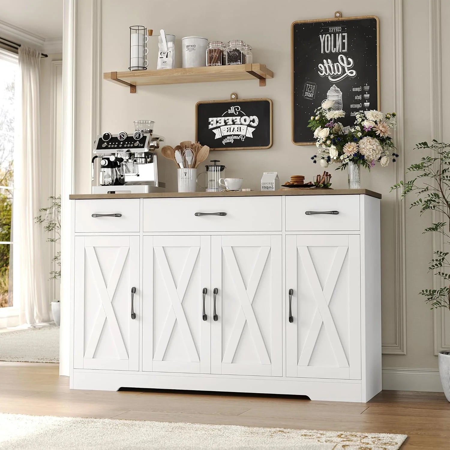 HOSTACK Buffet Cabinet with Drawers, 55" Large Sideboard Buffet Storage Cabinet with Shelves and Doors, Modern Farmhouse Coffee Bar Station Wood Kitchen Table for Kitchen, Dining Room, White/Rustic
