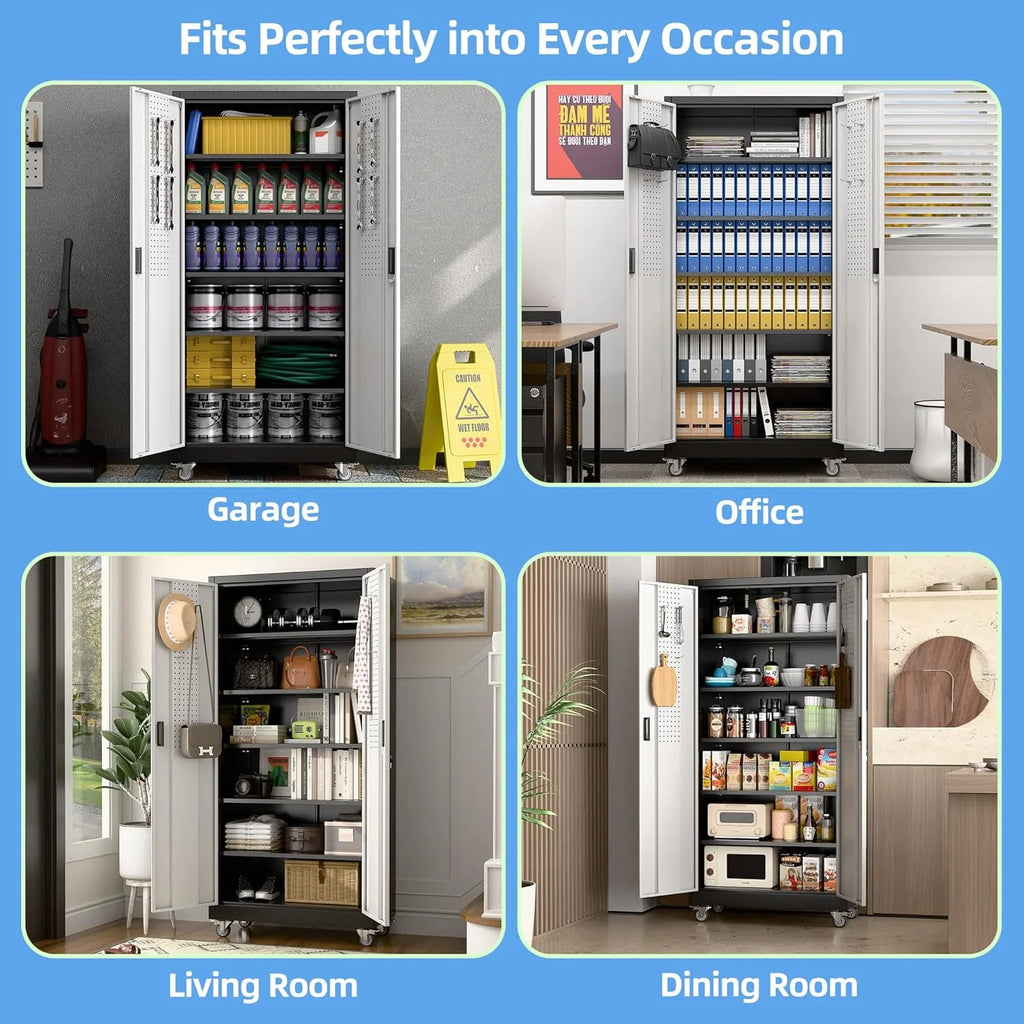 Aobabo 73''H Metal Garage Storage Cabinet with Wheels,Steel Cabinets with 2 Doors and 4 Adjustable Shelves for Home Office,Required Assembly,Black