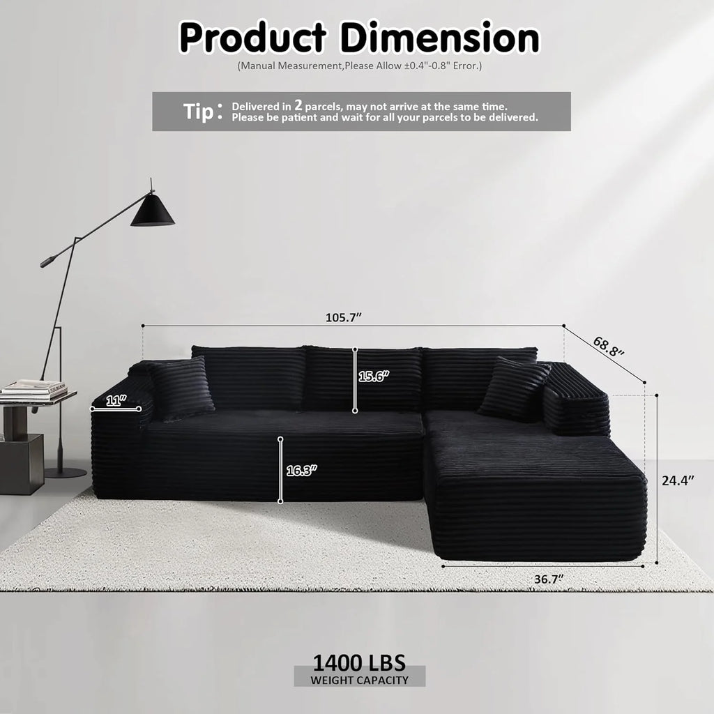 ovios 104" Cloud Sectional Couch with L-Shape Chaise,Modern Modular Sofa with Deep Seat, Upholstered Couches for Living Room Bedroom,No Assembly Required, Grey (Plush Corduroy Fabric)