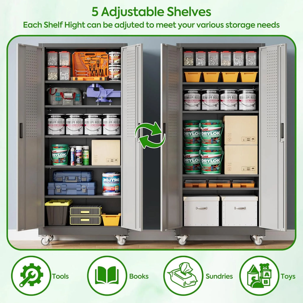 Aobabo 73''H Metal Garage Storage Cabinet with Wheels,Steel Cabinets with 2 Doors and 4 Adjustable Shelves for Home Office,Required Assembly,Black