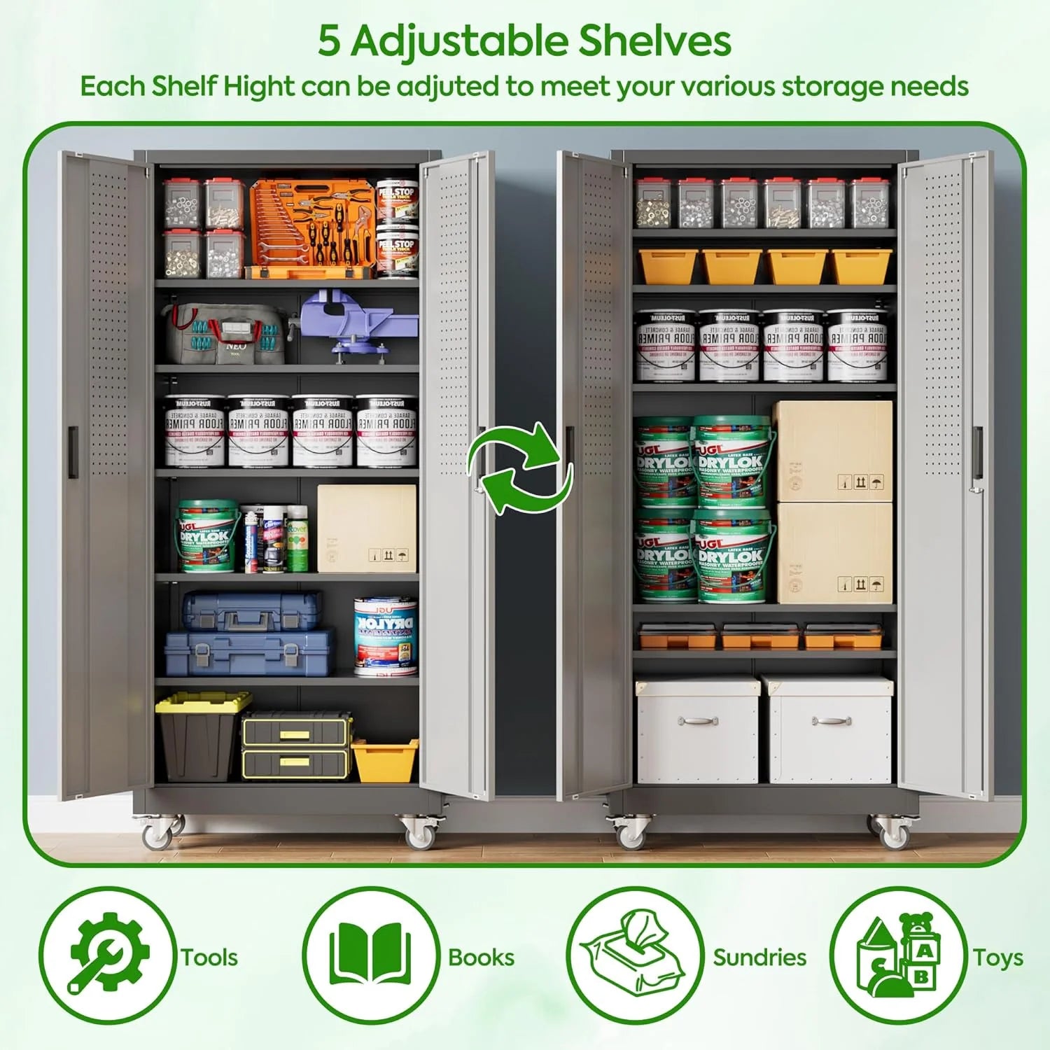 Aobabo 73''H Metal Garage Storage Cabinet with Wheels,Steel Cabinets with 2 Doors and 4 Adjustable Shelves for Home Office,Required Assembly,Black