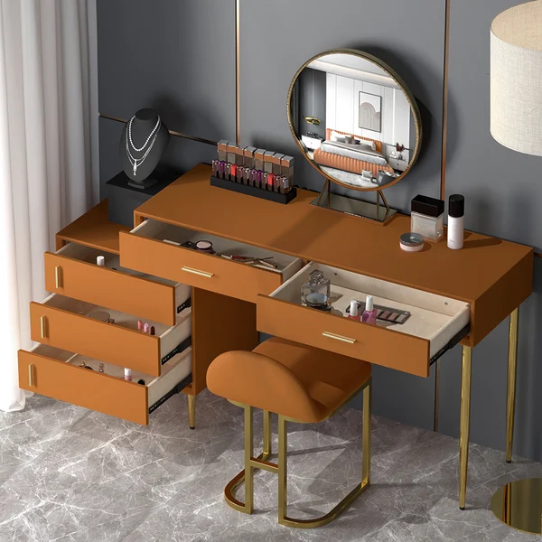 Modern Blue Makeup Vanity Set Retracted Dressing Table Cabinet&amp;Stool&amp;Mirror Included