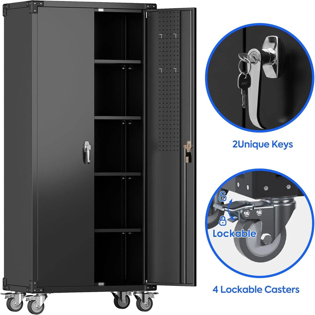Aobabo 73''H Metal Garage Storage Cabinet with Wheels,Steel Cabinets with 2 Doors and 4 Adjustable Shelves for Home Office,Required Assembly,Black