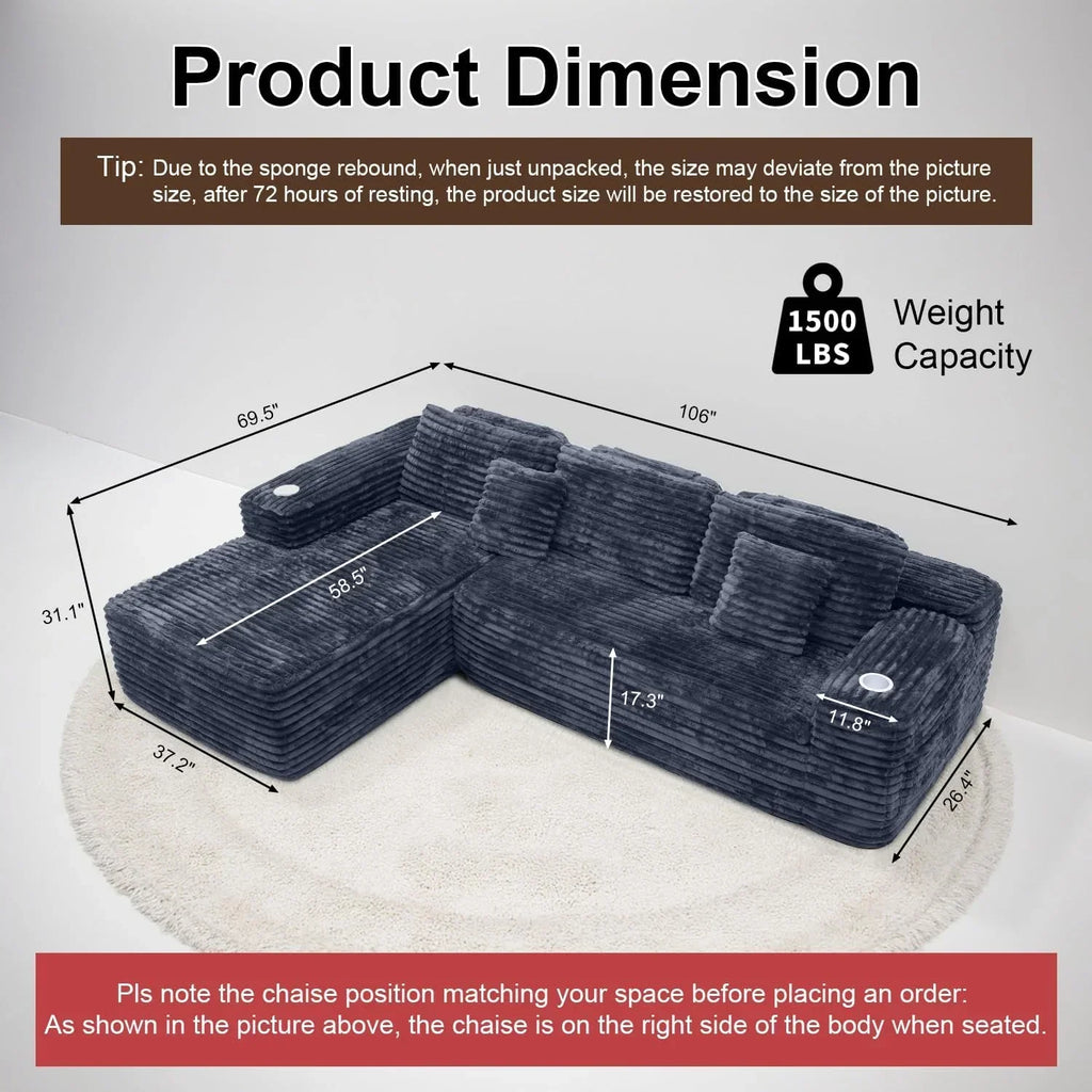 Cloud Sectional Couch with L Shape Chaise Modern Modular Sofa with Deep Seat Built in Cup Holder