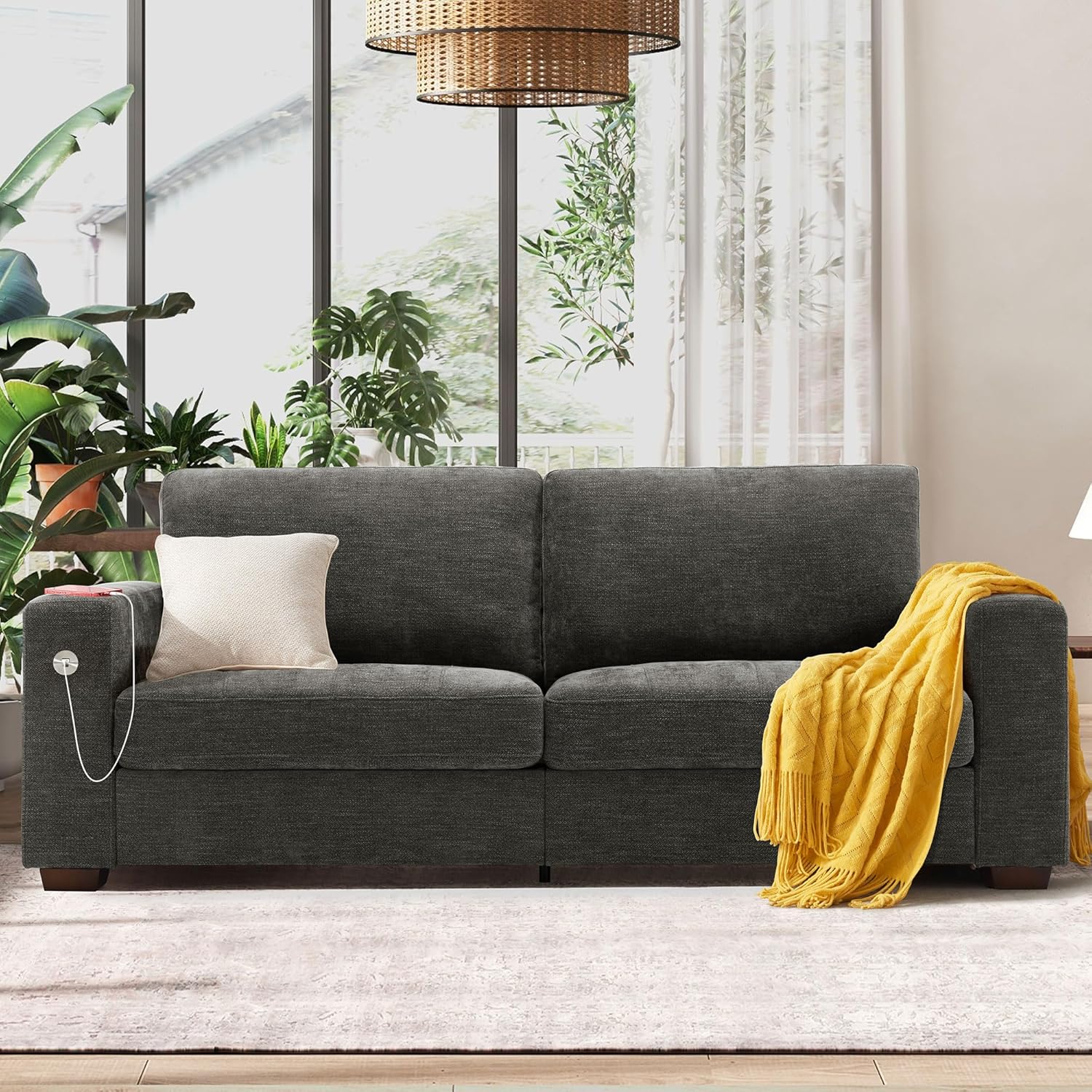 Hanherry 89" Sofa for Living Room, Modern Comfy Sofa with Medium Firm Seat Cushion, Removable Cover,Wide Armrest,USB/Type-C Port,Chenille Fabric Couches for Small Space,Apartment