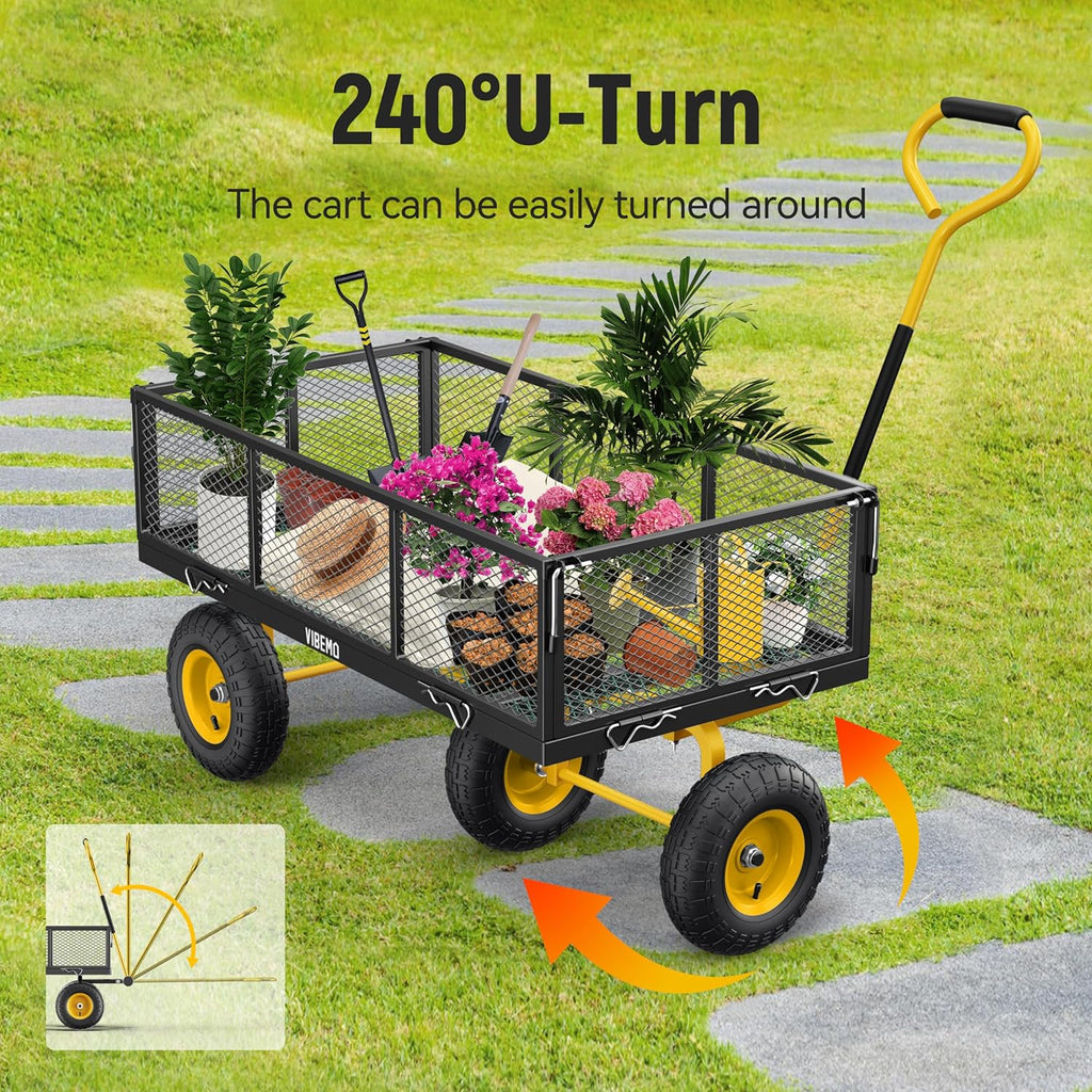 Steel Garden Cart, 2-in-1 1400 lbs Heavy Duty Utility Wagon, with Removable Mesh Sides to Convert into Flatbed, 240�� U-Turn 13" Pneumatic Tires Garden Wagon for Farm Yard Lawn Garden Camping