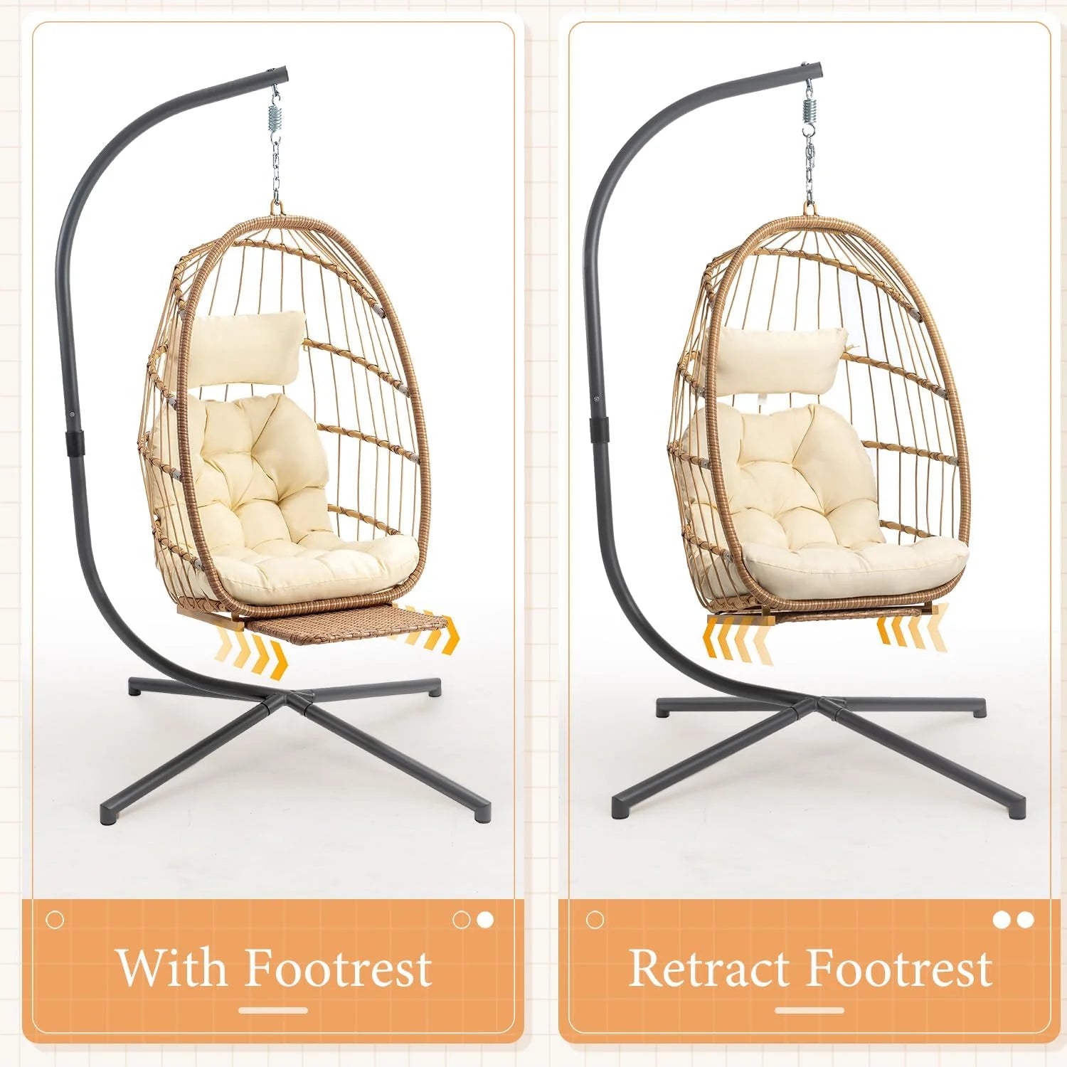 Yechen Indoor Outdoor Egg Hanging Chair with Stand, Patio Wicker Swing Egg Chair Indoor Swinging Chair Outdoor Hammock Egg Chair 350lbs Capacity for Patio Bedroom Balcony, Charcoal Grey (EG-001)