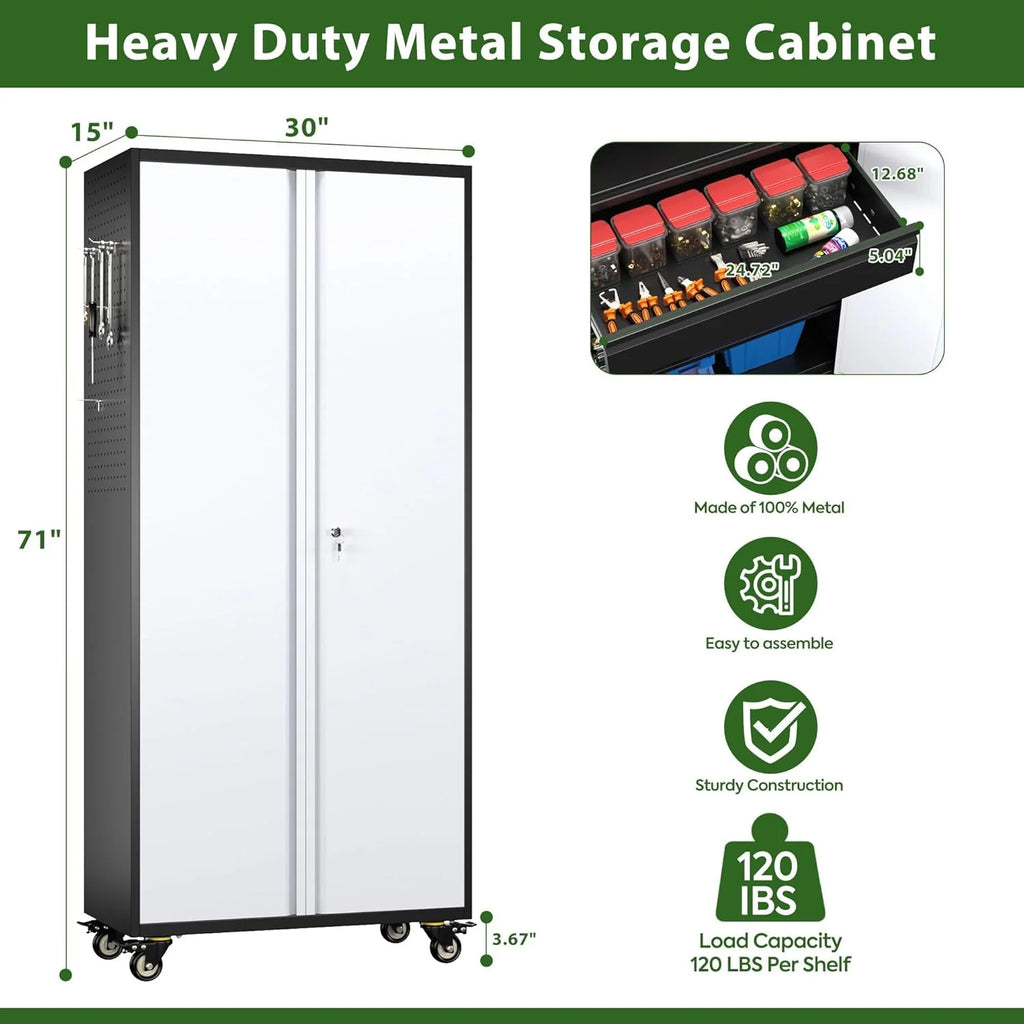 Aobabo 73''H Metal Garage Storage Cabinet with Wheels,Steel Cabinets with 2 Doors and 4 Adjustable Shelves for Home Office,Required Assembly,Black