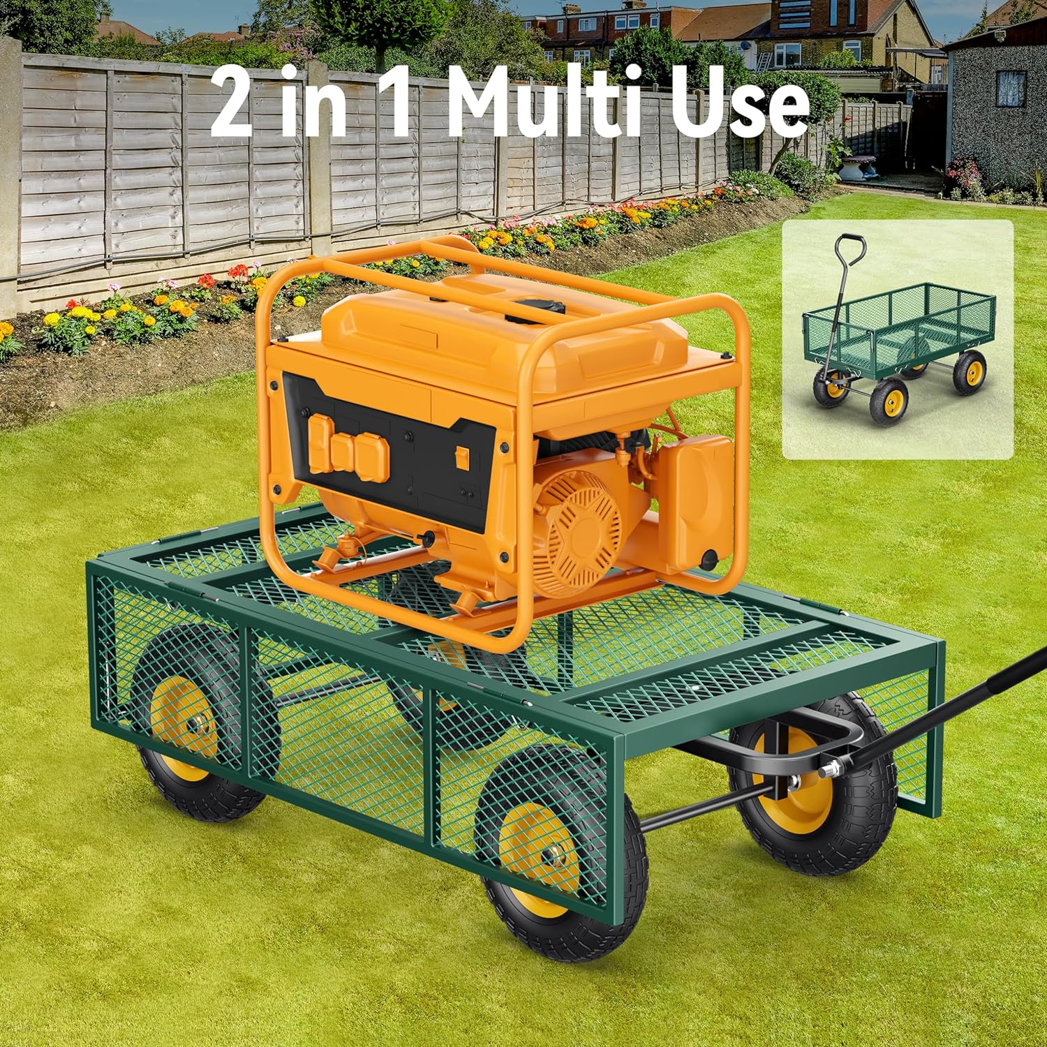 Steel Garden Cart, 2-in-1 1400 lbs Heavy Duty Utility Wagon, with Removable Mesh Sides to Convert into Flatbed, 240�� U-Turn 13" Pneumatic Tires Garden Wagon for Farm Yard Lawn Garden Camping