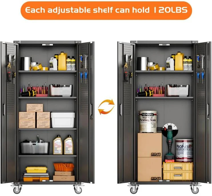 Aobabo 73''H Metal Garage Storage Cabinet with Wheels,Steel Cabinets with 2 Doors and 4 Adjustable Shelves for Home Office,Required Assembly,Black