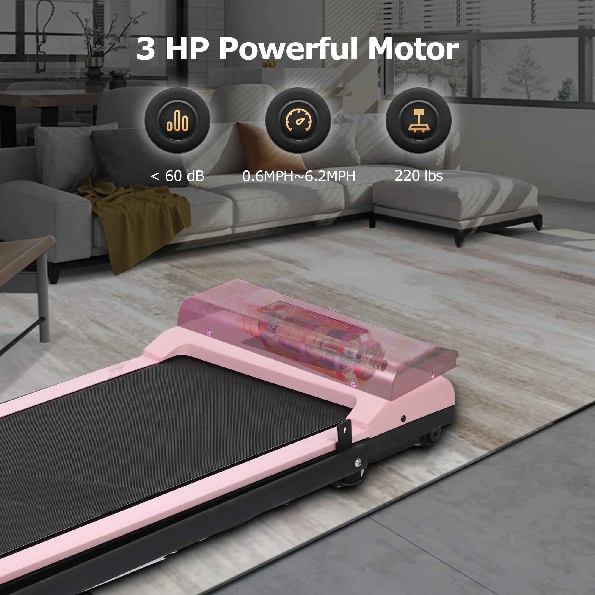 BITOUSHI Treadmill Under Desk Walking Pad 2 in 1, 3.0HP Portable Small Treadmill for Office & Home, Ultra Quiet & Installation-Free with Remote Control, LED Display, 220 Lb Capacity - Pink