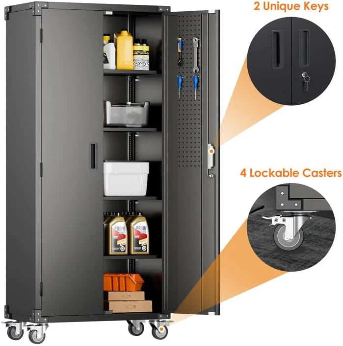 Aobabo 73''H Metal Garage Storage Cabinet with Wheels,Steel Cabinets with 2 Doors and 4 Adjustable Shelves for Home Office,Required Assembly,Black