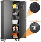 Aobabo 73''H Metal Garage Storage Cabinet with Wheels,Steel Cabinets with 2 Doors and 4 Adjustable Shelves for Home Office,Required Assembly,Black