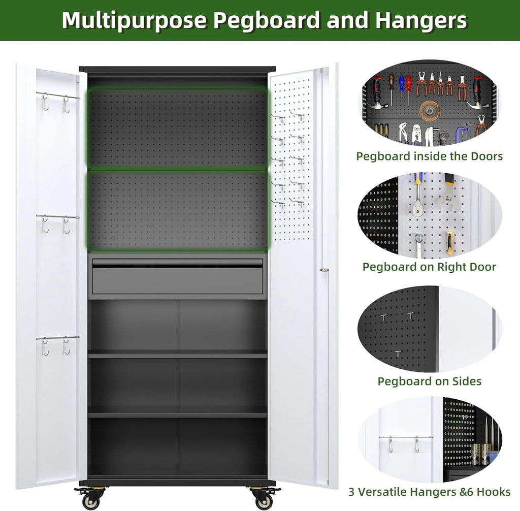 Aobabo 73''H Metal Garage Storage Cabinet with Wheels,Steel Cabinets with 2 Doors and 4 Adjustable Shelves for Home Office,Required Assembly,Black
