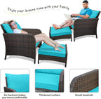 LEVELEVE Balcony Furniture 5 Piece Patio Conversation Set, PE Wicker Rattan Outdoor Lounge Chairs with Soft Cushions 2 Ottoman&Glass Table for Porch, Lawn-Brown Wicker
